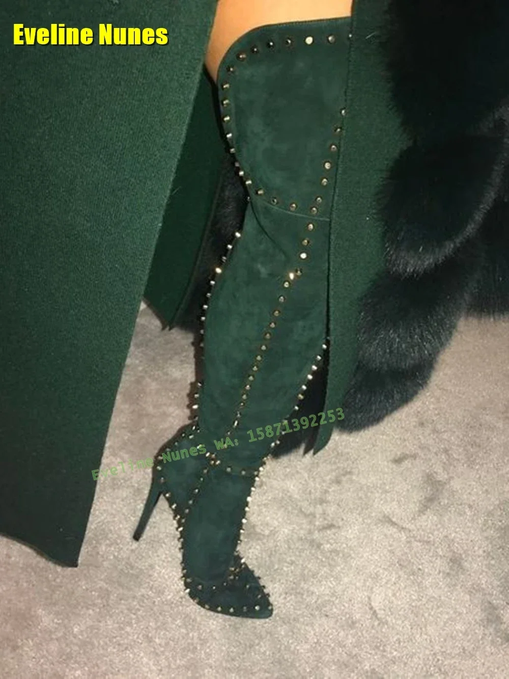 Sexy Overknee-Stiefel mit Croc-Effekt und Nieten, spitzer Zehenbereich, dünner Absatz, V-Schnitt, Spleißen, Spicy Girl Runway Show-Schuhe, große Größe, Herbst