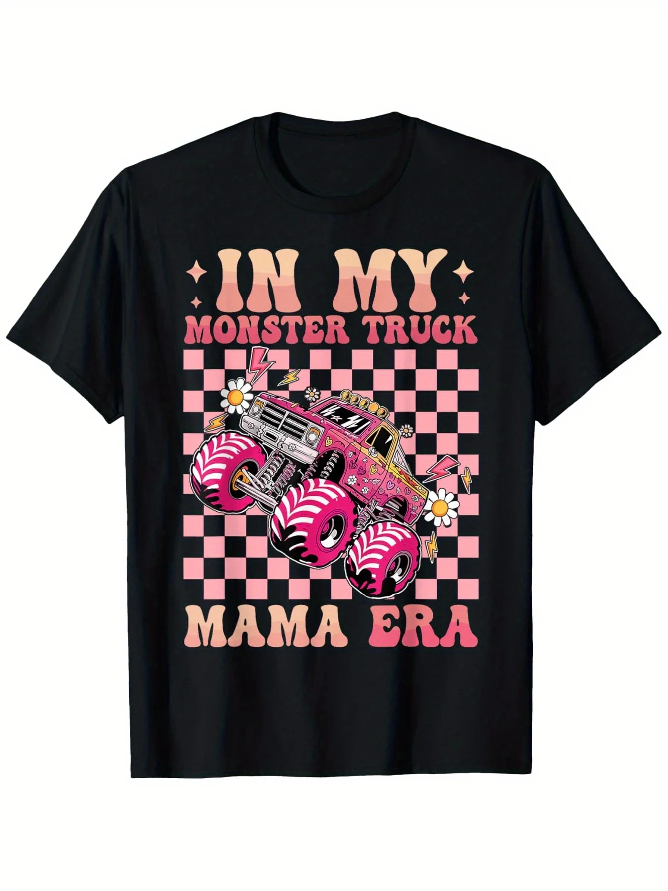 100 % Baumwolle My Monster Truck Mom Period Grafik-T-Shirt Schwarzes Kurzarm-T-Shirt Rosa kariert Perfektes Muttertagsgeschenk für Kinder Image