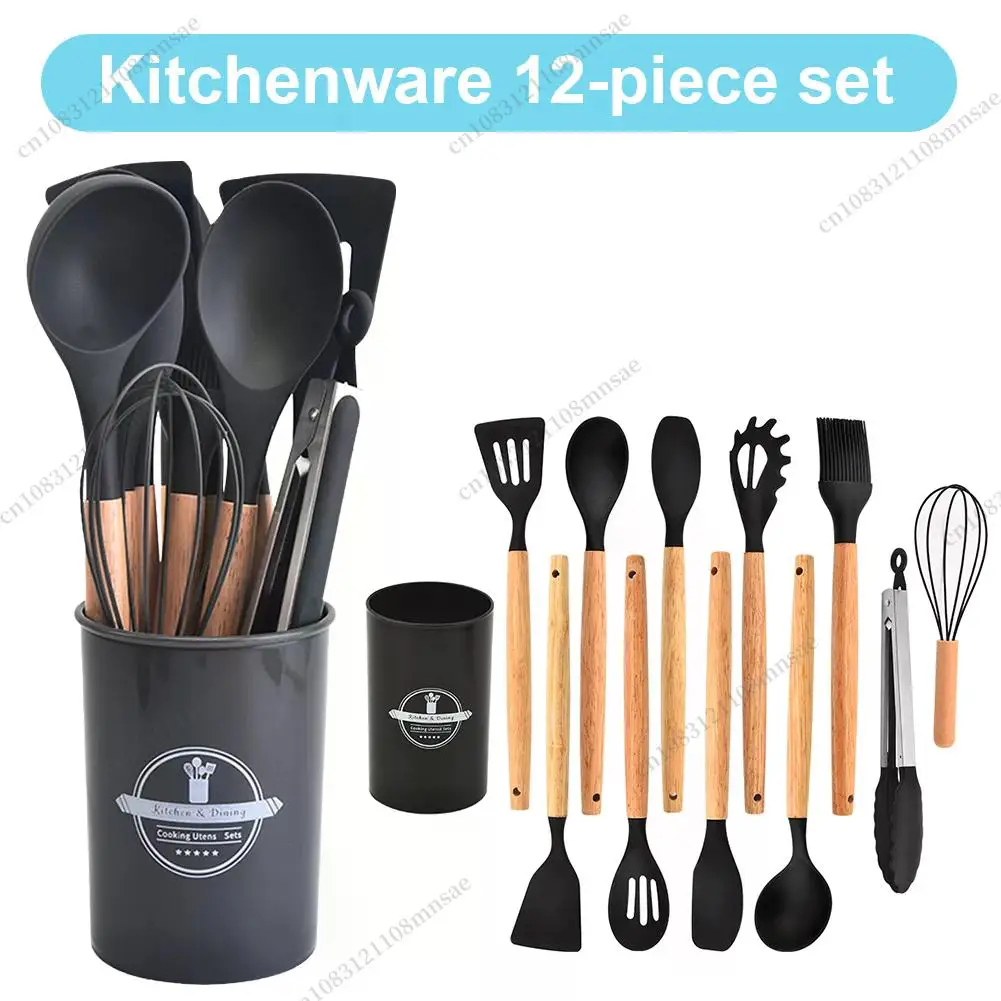 Ensemble d'ustensiles de cuisine 12 pièces, spatule en Silicone, manche en bois, Kit d'outils de cuisine avec support, ustensiles de cuisine résistants à la chaleur pour la cuisine