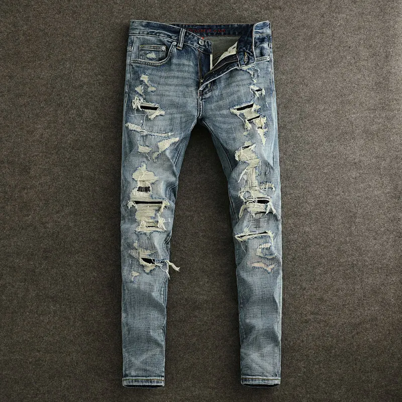 Street Fashion Designer Männer Jeans Hohe Qualität Retro Blau Stretch Slim Fit Gepatcht Zerrissene Jeans Männer Hip Hop Vintage Denim Hosen