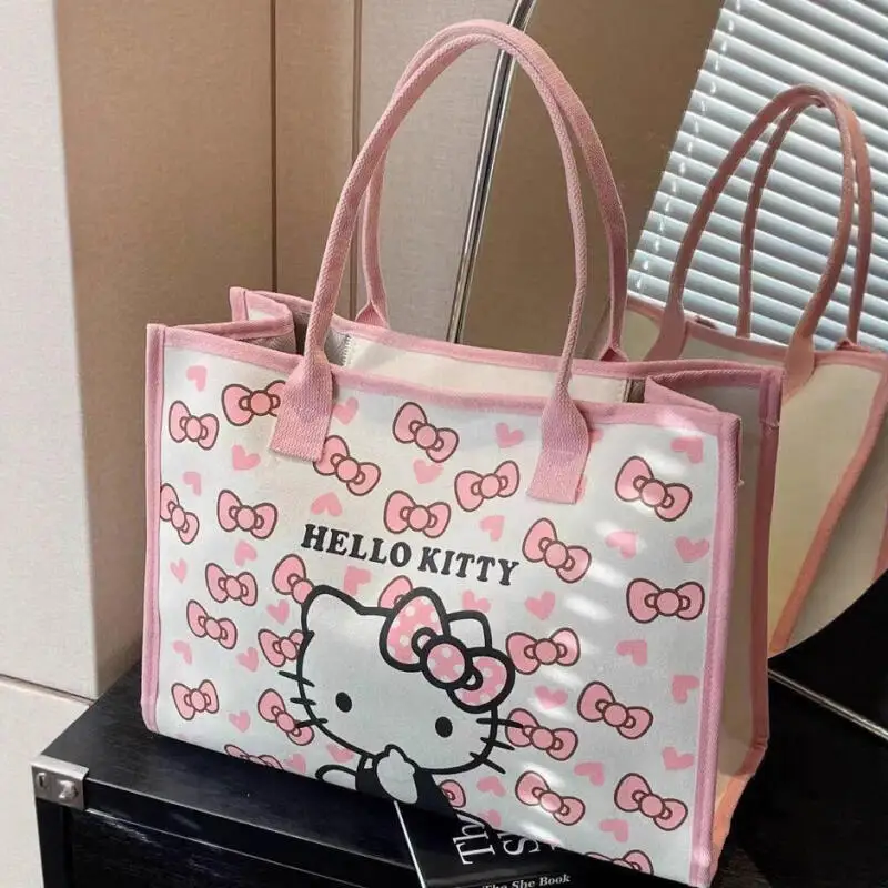 Sanrio Hello Kitty Canvas-Einkaufstasche, Einkaufstasche, Cartoon-Kitty-Katze, große Kapazität, Mama-Tasche, Hand-Umhängetaschen für den Pendelverkehr