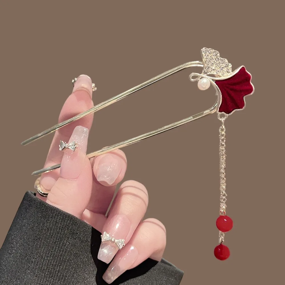 1 Stück Ginkgoblatt-Haarstab, Ton, Perle, rote Perle, elegantes orientalisch inspiriertes Design, traditionelle tägliche schicke Stile, bezauberndes Accessoire