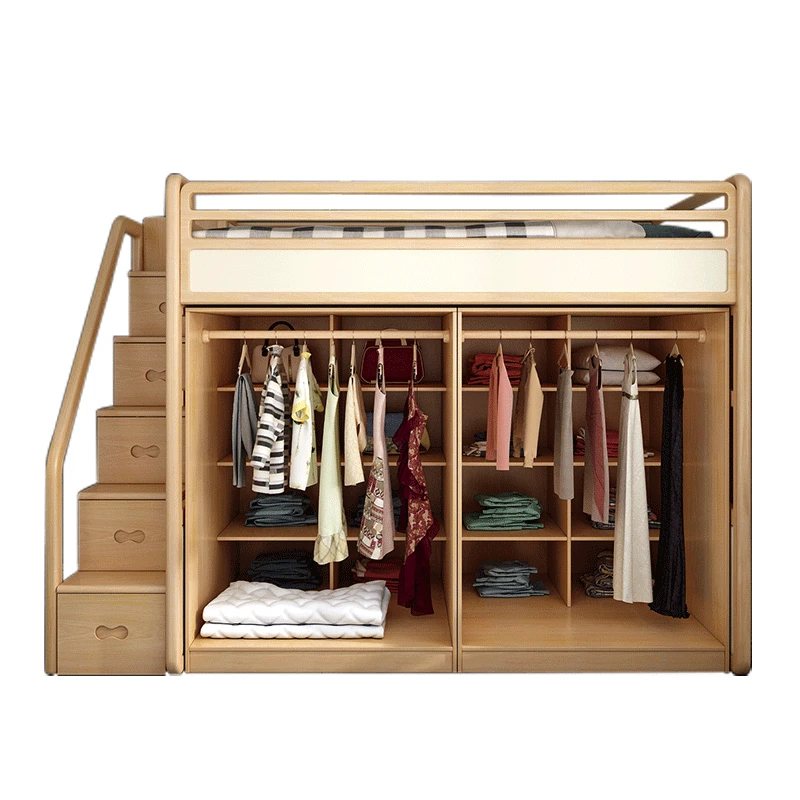 Postmodernes Massivholzbett, multifunktionales Bett mit Kleiderschrank, hohe und niedrige Bettschränke unter