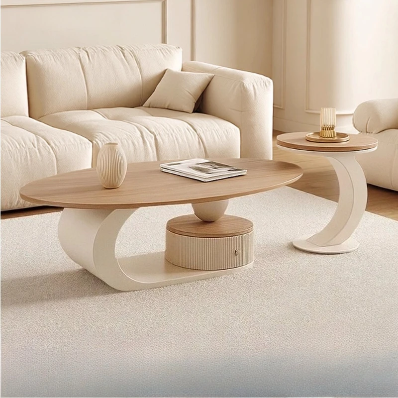 Ovales Teetisch-Set im französischen Creme-Stil, Massivholz, Couchtisch, Wohnzimmermöbel, Retro, klassisch, minimalistisch, romantisch, Haushalt