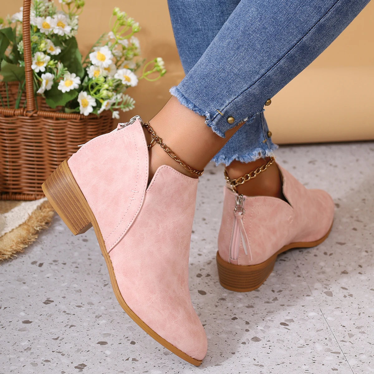 Damenstiefel, Herbst/Winter, spitzes Wildleder, dicker Absatz, Stiefeletten für Damen, Übergröße 43, Stiefeletten mit Reißverschluss und Absatz für Damen