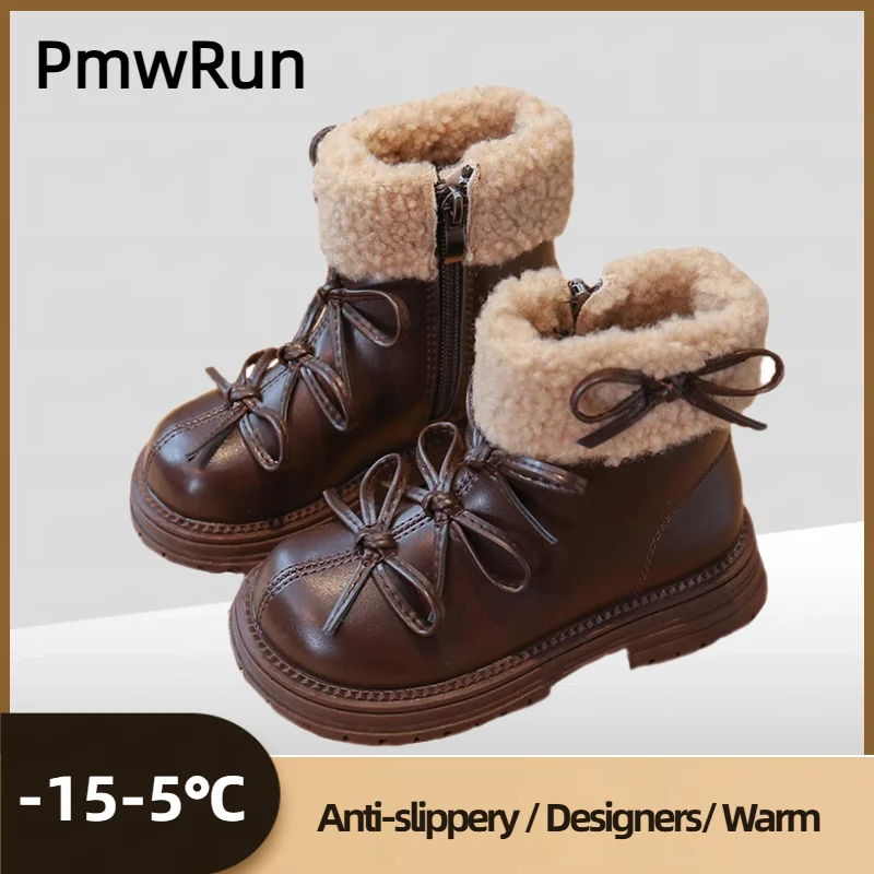 Koreanischen Stil kinder Schnee Stiefel Niedrigen Absatz Elegante Dame Teenager Mädchen Plüsch Stiefel PU Leder Teenager Kind Paaded Baumwolle schuhe