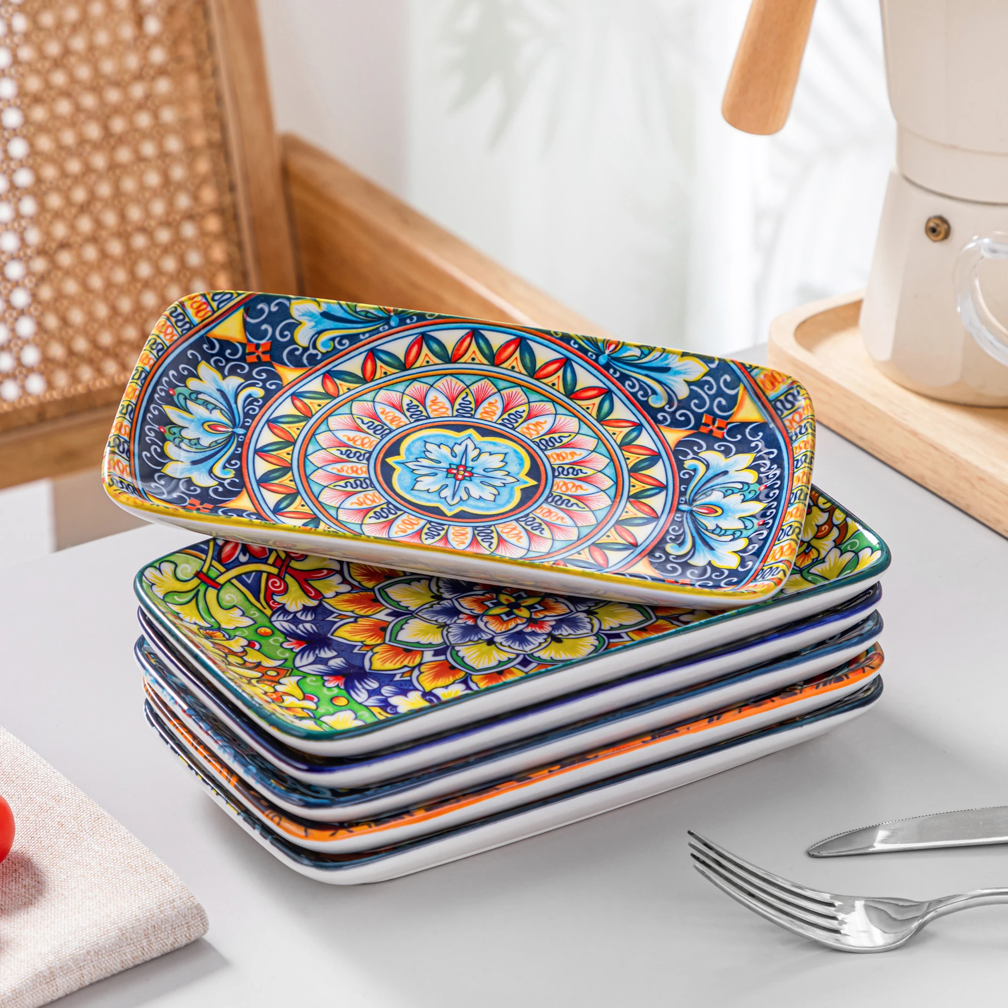 vancasso 6/12-teiliges rechteckiges Porzellan-Servierteller, böhmisches 8,5-Zoll-Essteller-Set für Rindfleisch/Lebensmittel/Nudeln/Pasta für 6 Personen Image