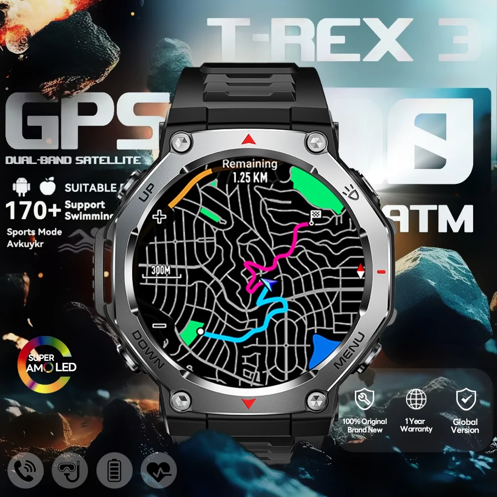 2026 neue T-Rex 3 Military Outdoor Smart Uhr Männer 1,43-zoll AMOLED Display 10ATM Wasserdicht 525 mAh Batterie GPS Smartwatch Mann