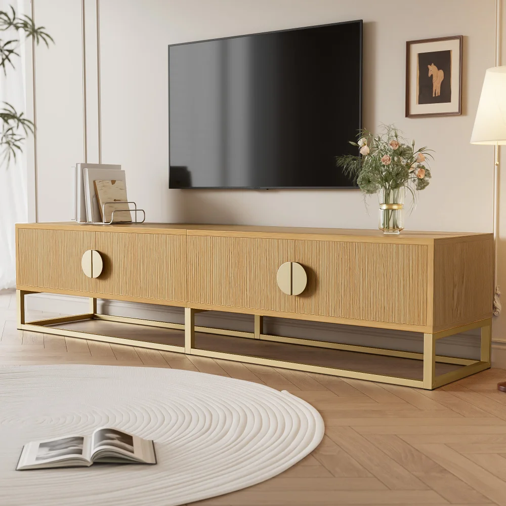 Meuble TV moderne de 180 cm avec sculpture en bois noble et 4 portes d'armoire spacieuses, meuble TV de salon avec poignées semi-rondes