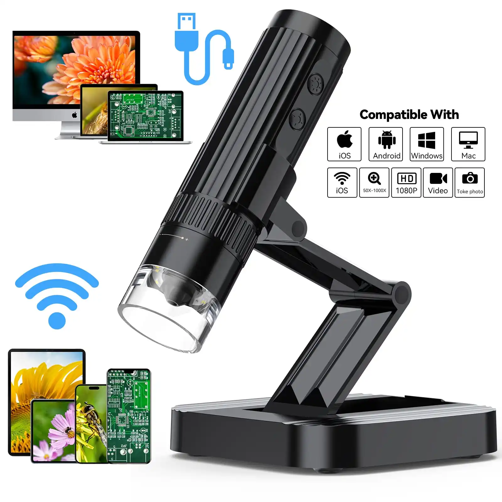 W1-A WIFI Digitalmikroskop 50X-1000X Vergrößerung HD 4K 60FPS Für Pflanzen PCB Haut Münze Kompatibel mit IOS Android Windows Mac Image