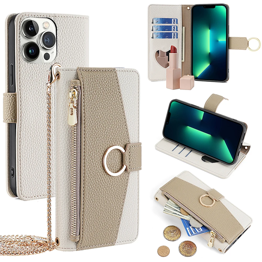 PU-Leder-Brieftasche, weiche Hülle für iPhone 14 13 12 11 XR XS Max X-XS Pro Plus 6-6S 7-8-SE3 mit Spiegelkette, Kartenhalter-Abdeckung Image