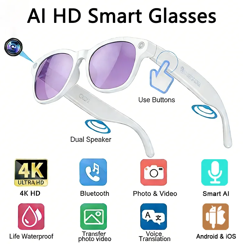 8K HD AI Smart Glasses 800 W Pixel Multifunktionskamera Bluetooth Anruf Sprachassistent Musik-Player Intelligente Übersetzung ﻿ Image