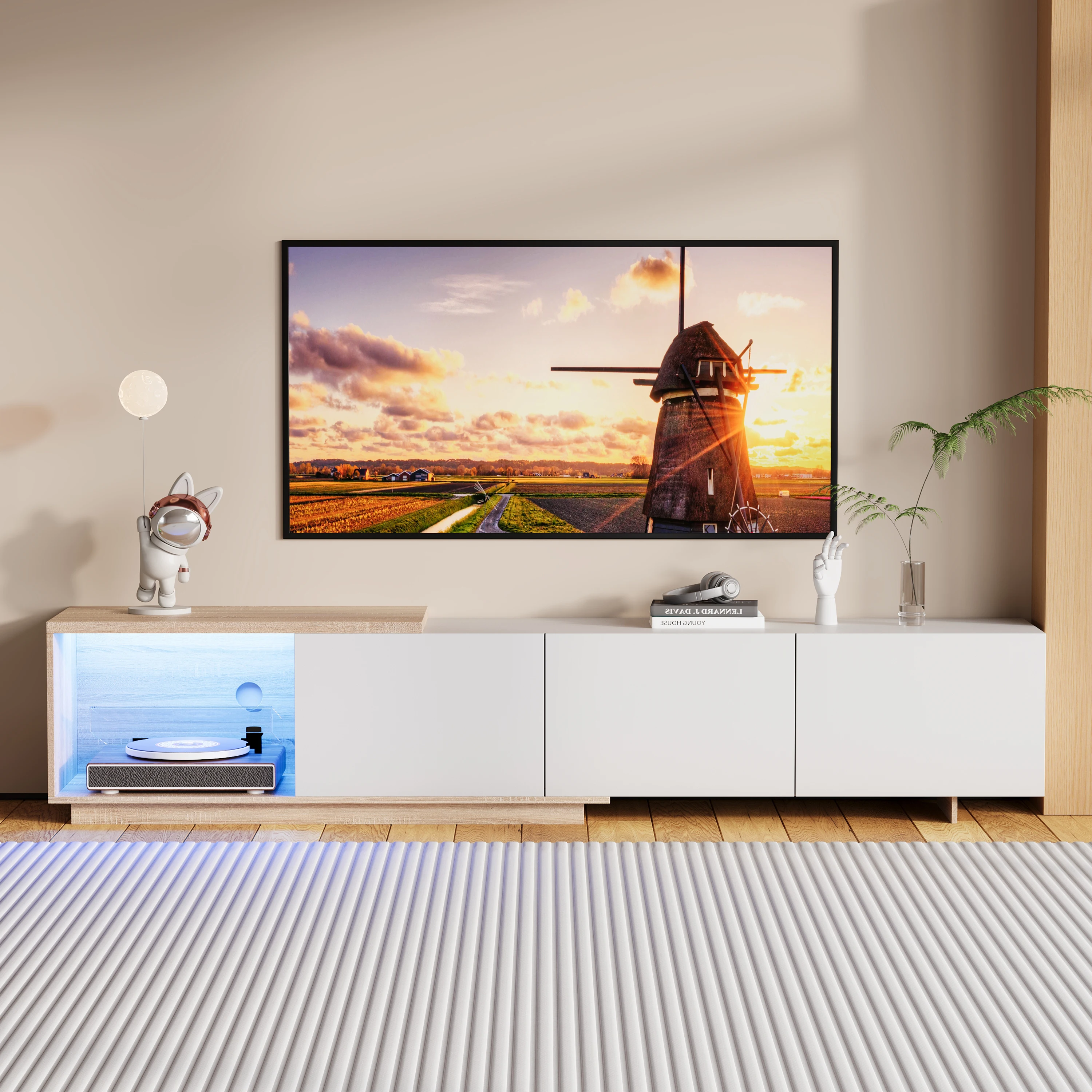 Comanlai Meubles TV extensibles, meuble TV, console multimédia modulaire, meuble TV avec éclairage LED, rangement ouvert et tiroirs extractibles