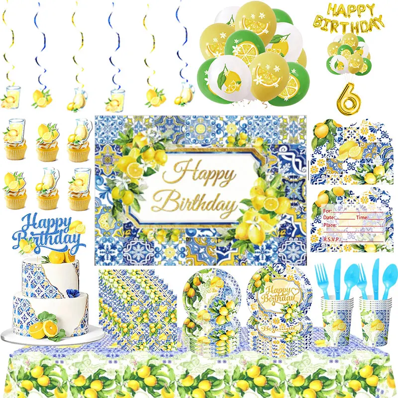 Set di stoviglie di carta a tema limone Piatto Tazza Tovagliolo Tovaglia Banner Kit di stoviglie per frutta estiva Forniture per decorazioni per feste di compleanno