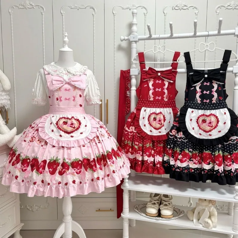 Süßes Lolita-Kleid, süßer Erdbeer-Druck, JSK-Prinzessin, Cosplay-Kostüm für Damen und Mädchen, Kawaii, tägliche Geburtstagskleider, Teeparty-Outfit
