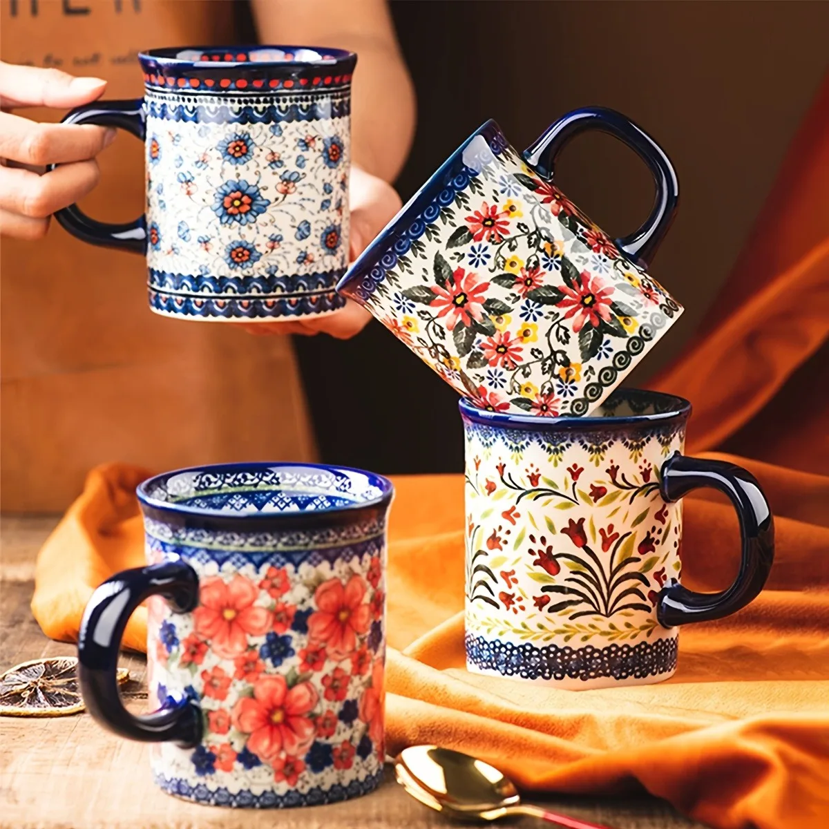 Ein Set handbemalter Keramik-Kaffeebecher im Vintage-Stil mit Blumenmuster, 14-Unzen-Becher, Wasserbecher, Milchbecher, einzigartiges Design, heiß und kalt Image