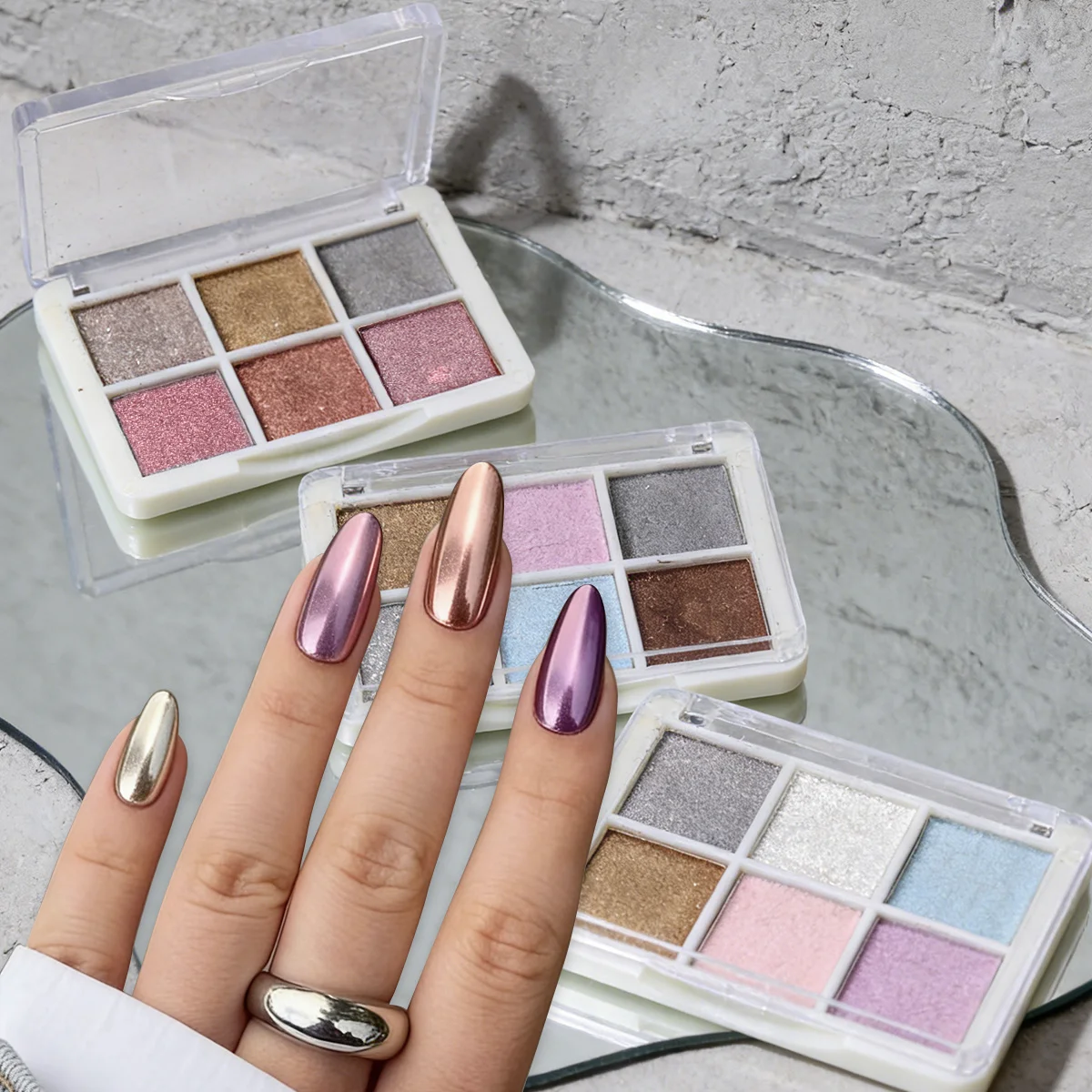6-Farben-Magie-Spiegel, fester Nagelpulver, Pigment, metallisches Gold, Silber, Reibstaub, Meerjungfrau, Aurora, eleganter Flash-Maniküre-Glitzer Image
