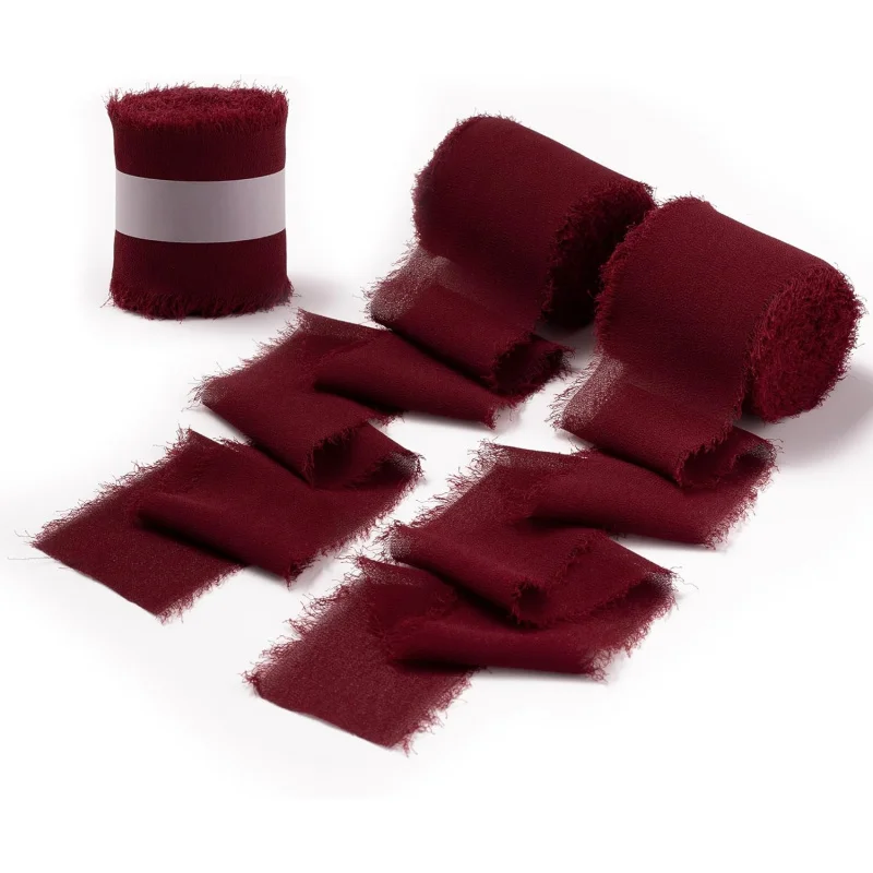 Burgunderrotes Chiffonband für Blumenstrauß, Stoffband zum Verpacken von Geschenken, handgefertigtes ausgefranstes Band für die Hochzeit, Chiffonband Image