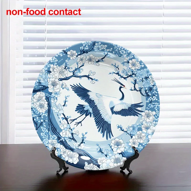 2D flach, 1 große runde 8-Zoll-Keramik-Wandplatte – blau-weißes, japanisch inspiriertes Kirschblüten- und Kranich-Design, elegant