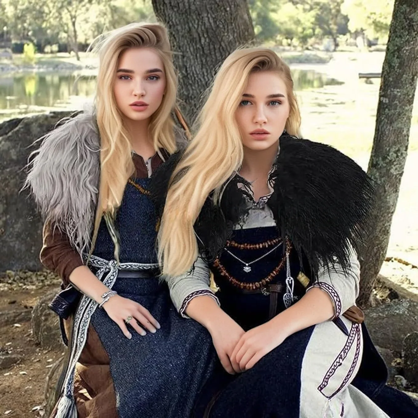 Wikinger Pelzkragen Kunstpelz Schal Schulterfell Wickelschal Damen Halloween Barbar Cosplay Kostümzubehör Image