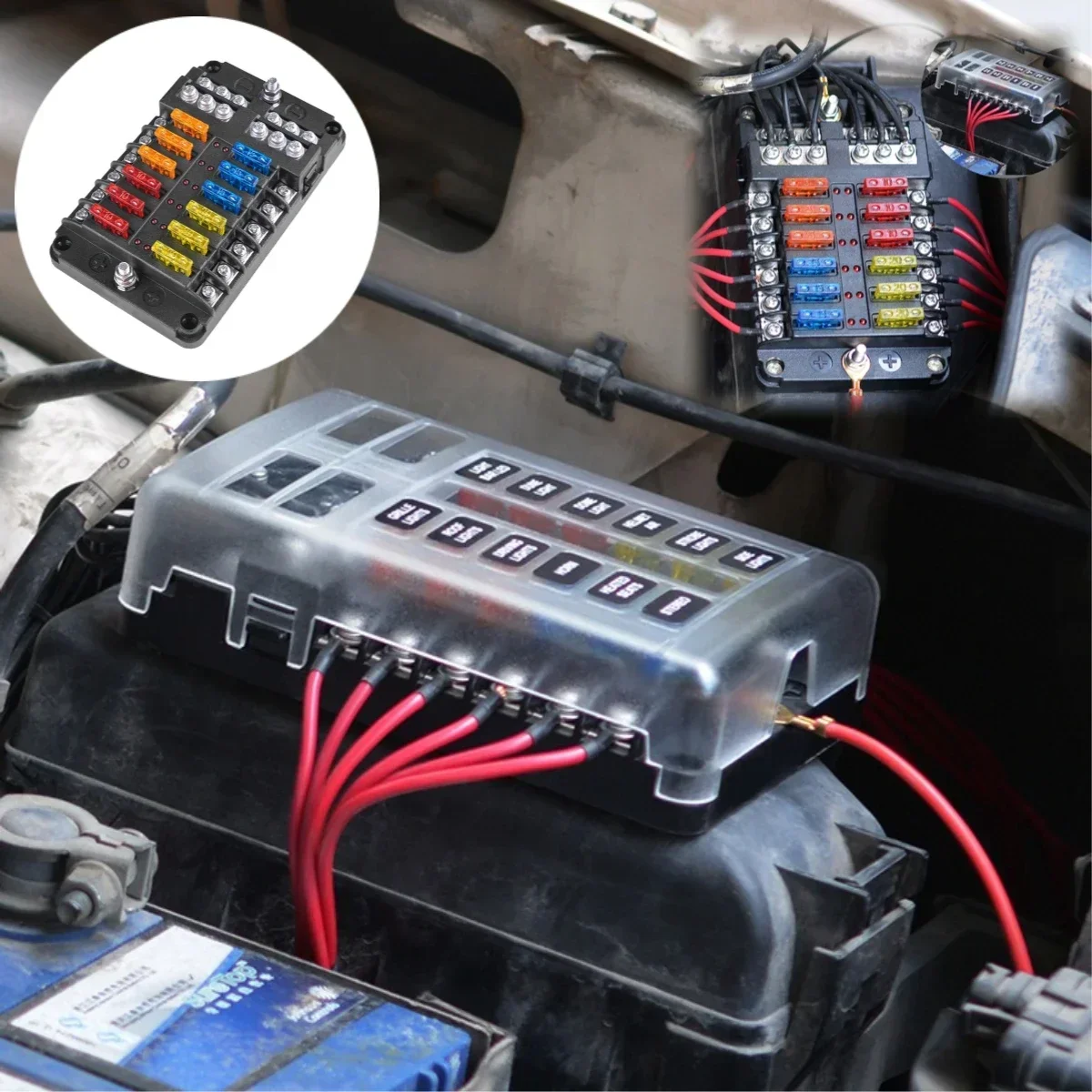 Auto Boot Sicherungskasten Halter mit 6 Wege 12 Wege Blade Sicherungshalter Block & Warnanzeige 12 V 36 V Stromverteilung Panel Board Image
