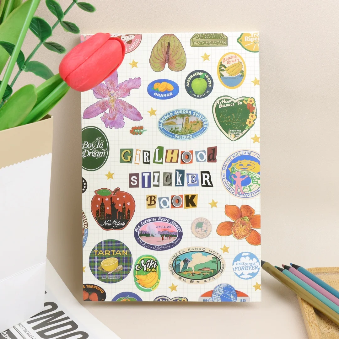 Mädchen-Stickerbuch, fruchtige Symbole und Pastellbuchstaben, Tickets, DIY, Scrapbooking, Journaling, Handbuch, Dekoration Image