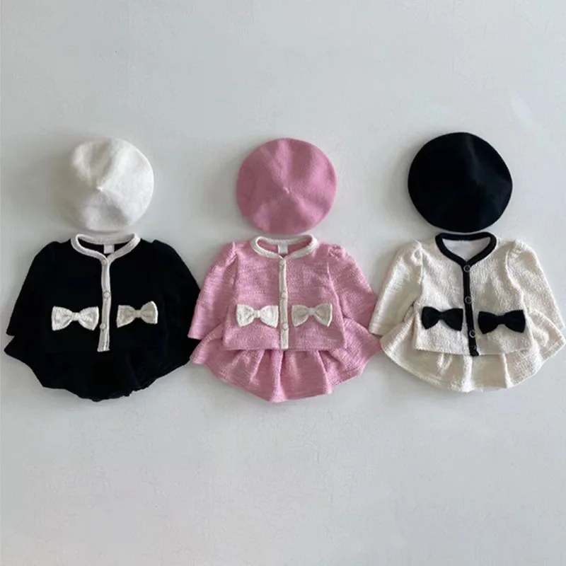 Herbst mode Mädchen Kinder Bogen lange Ärmel Hemd Set Baby süße Baumwolle Tops + fester Rock 2 stücke Kind Säugling lässig Blusen Anzug Image