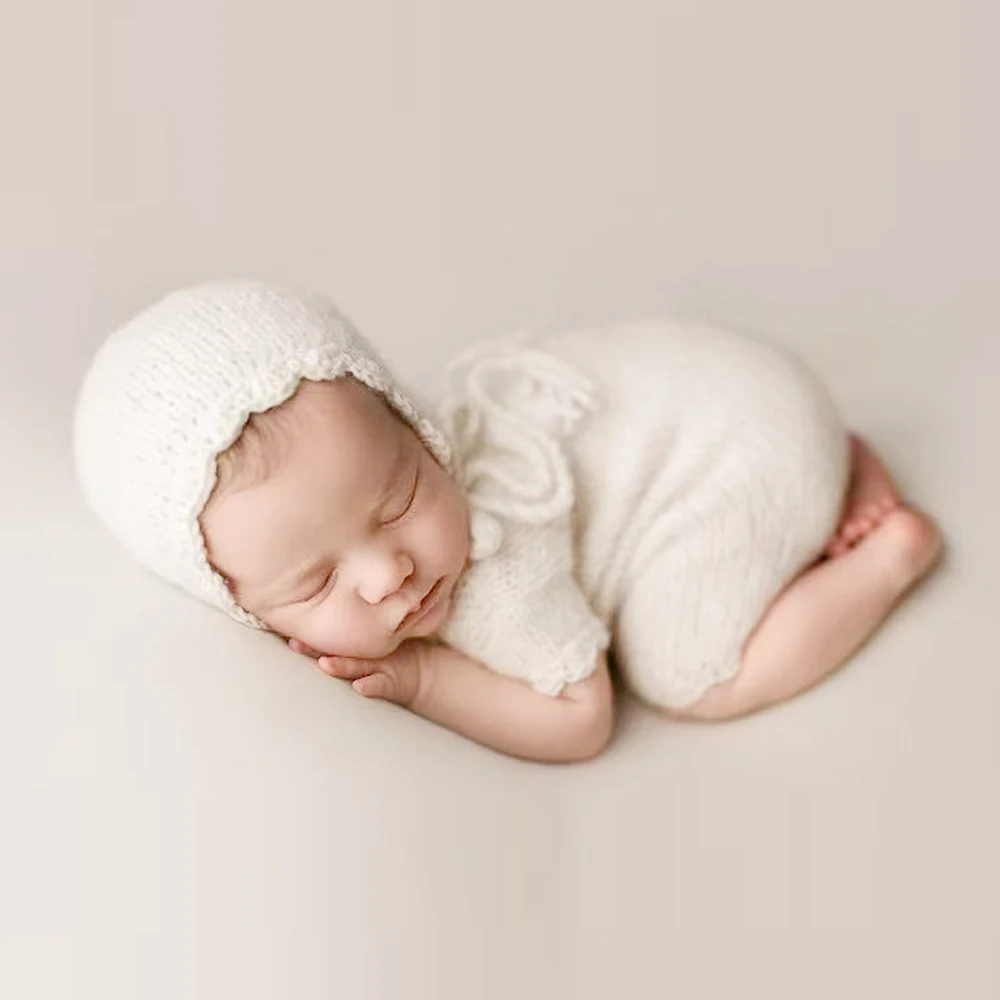 Neugeborenen Fotografie Requisiten Baby Overall Hut Foto-shooting Kleidung Kurzarm Zwei-stück Gestrickte Mohair Pelz Strampler Baby Kostüm Image
