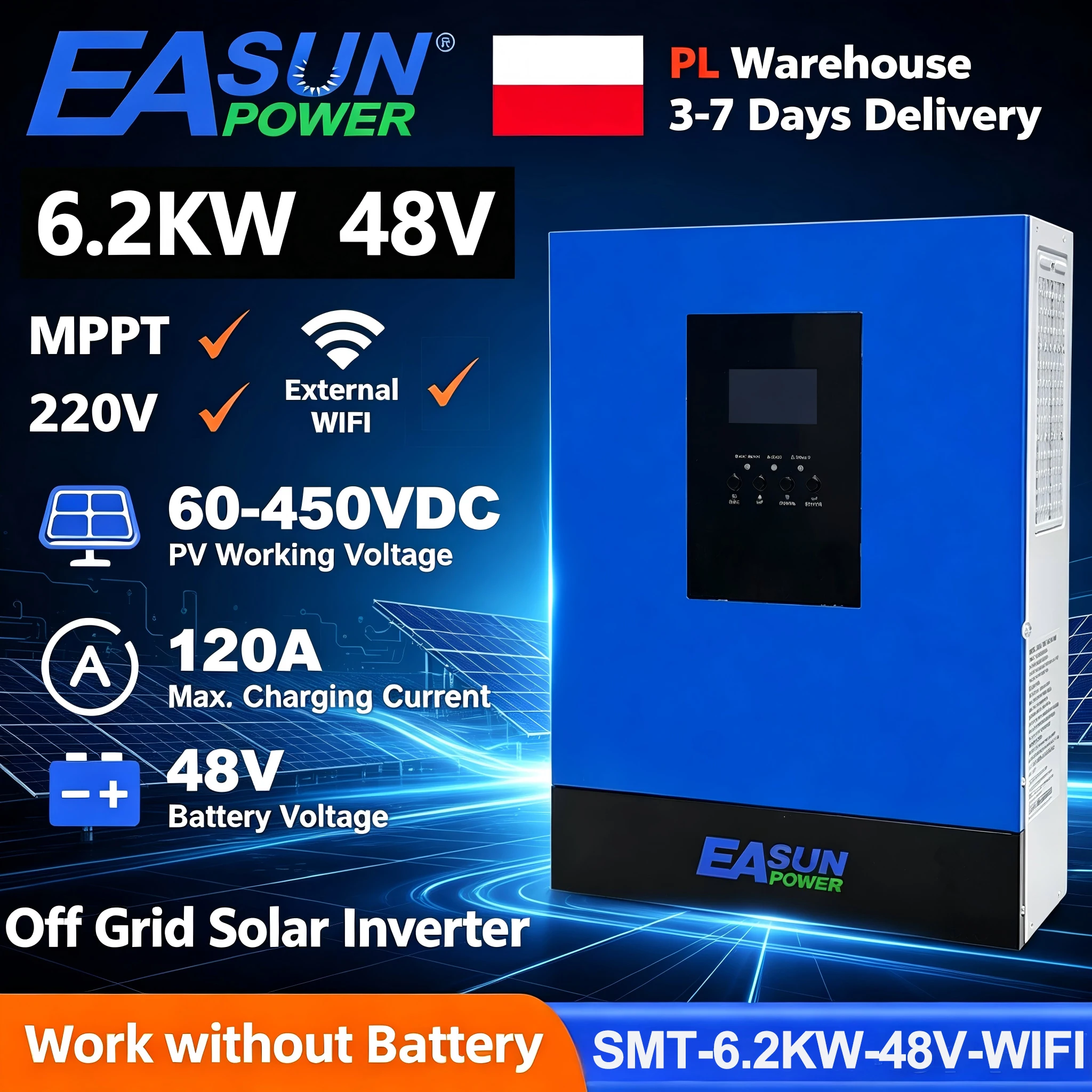 EASUN POWER Onduleur Solaire Hybride 6.2KW 48V 220V 120A avec Chargeur MPPT, Onduleur à Onde Sinusoïdale Pure pour Batterie, Onduleur Hors Réseau avec WIFI