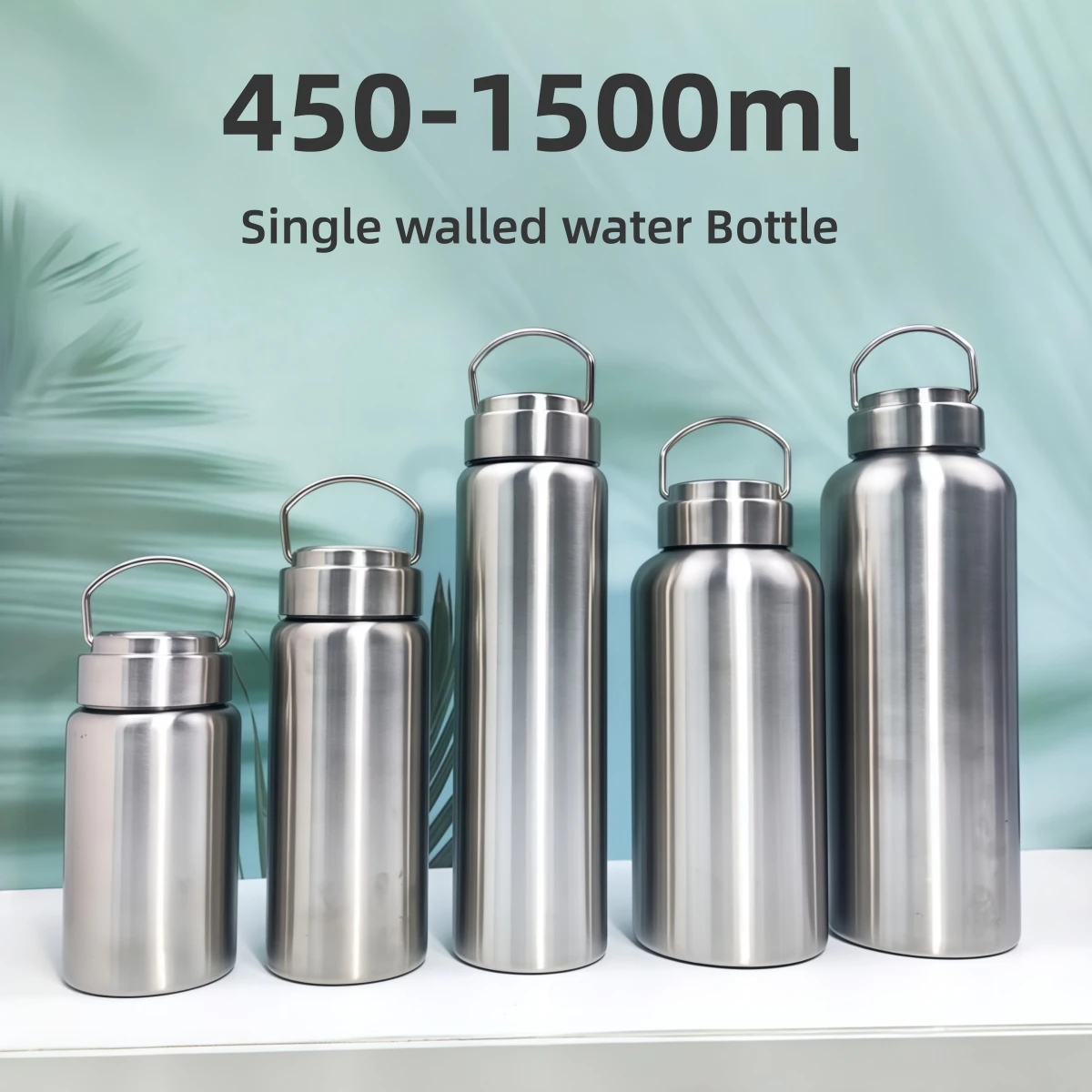 450–1500 ml Edelstahl-Wasserflasche, einwandige Flasche, großes Fassungsvermögen, große Mundflaschen mit Deckel, Radfahren, Trinkgeschirr, Sport Image