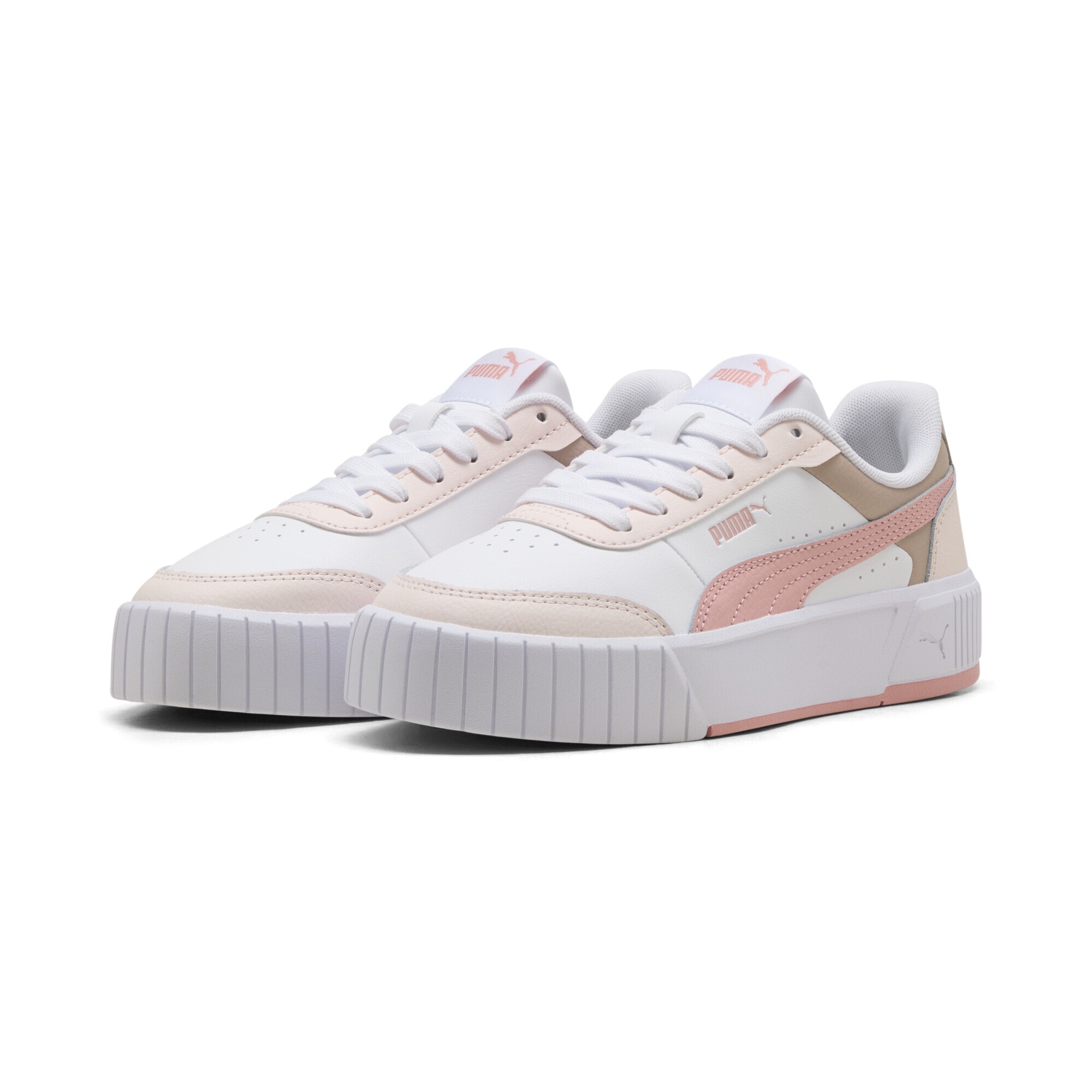 Sneaker PUMA "Carina Mia Sneakers Mädchen", Damen, Gr. 37,5, weiß rosy outlook jasmine flower pink, Obermaterial: Kuhleder, Textil, Synthetik; Futter: Textil; Innensohle: Textil; Laufsohle: Gummi, Schuhe Sneaker