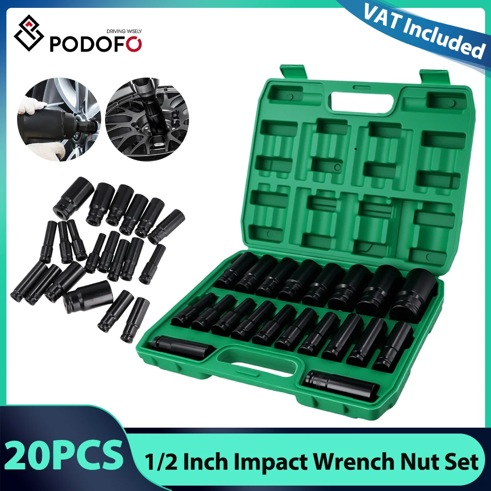 Podofo 20 pz 1/2 Pollici Set di Bussole di Azionamento 6 Punti Esagonale Design Set di Bussole a Impatto Chiave a Impatto Dado Set di Chiavi Presa a Impatto 8-32mm