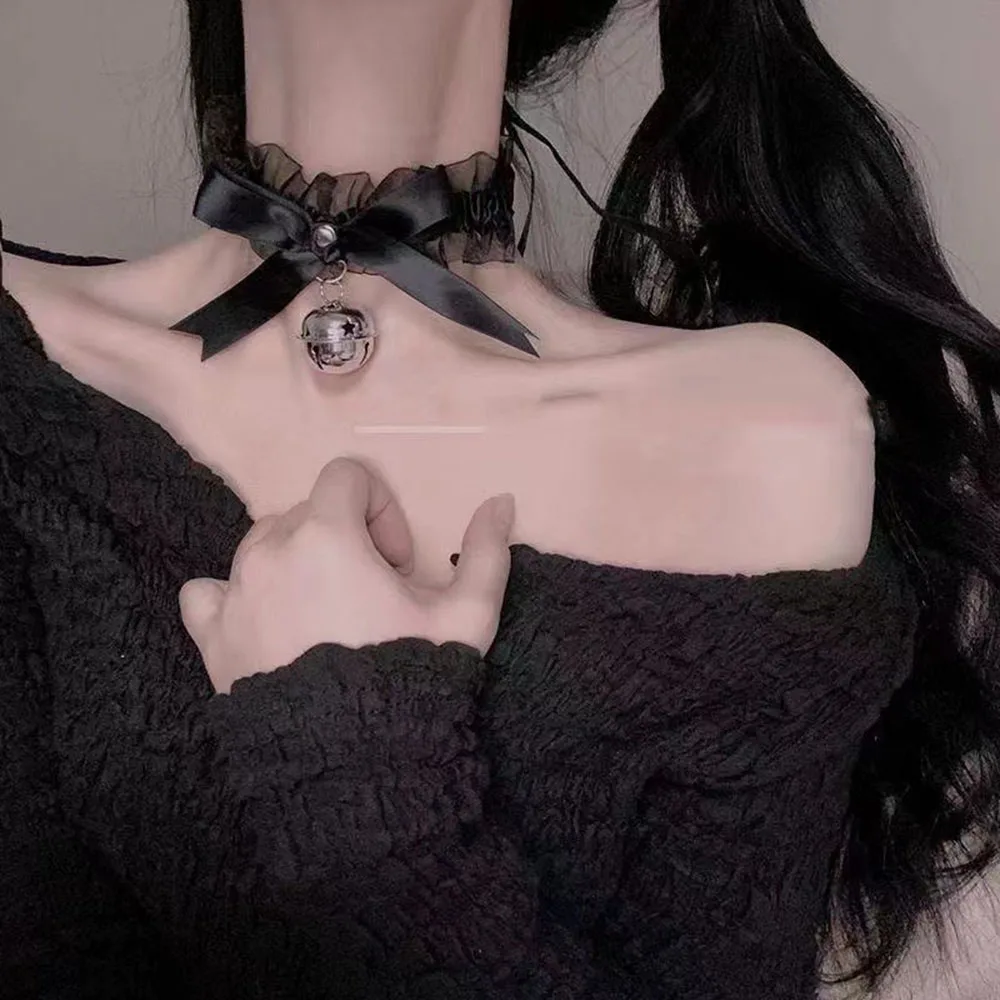 Lolita Maid Kragen Halskette Gothic Samt Schleife Halsband mit Glöckchen Sexy Schwarz Rosa Weiß Halskette für Hip Hop Cosplay Schmuck