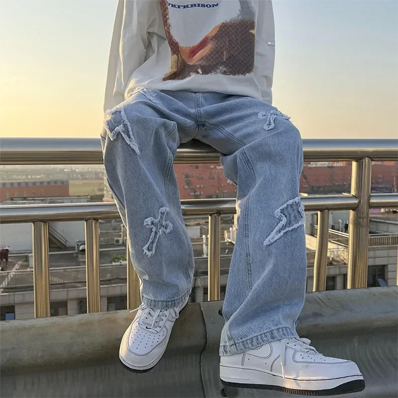 Jeans da uomo in denim a gamba dritta Pantaloni Y2k da strada larghi casual di nuova moda maschile Nuovi pantaloni Hip Hop neri blu a gamba larga