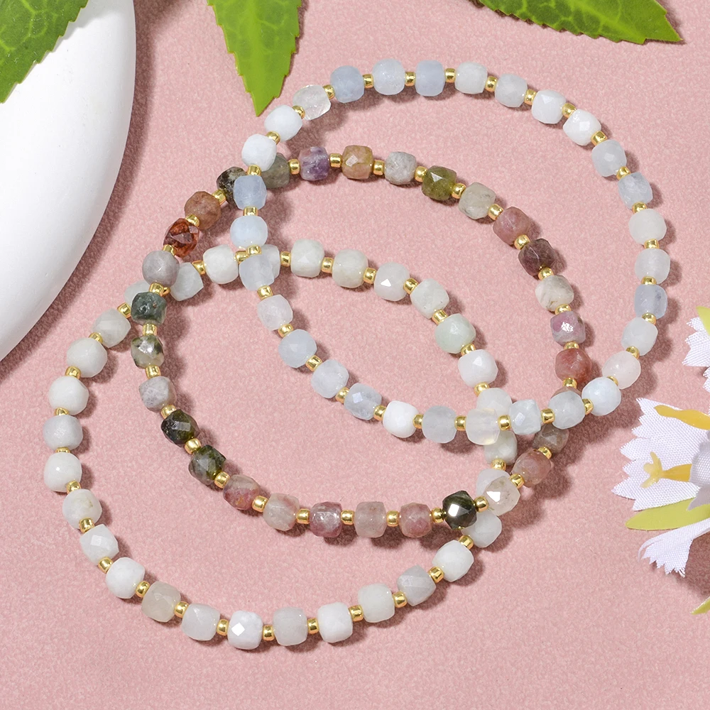 4 mm Naturstein-Turmalin-Aquamarin, facettierte Würfelperlen und Rocailles, dehnbares Armband, lässiges Armband für Damen und Herren