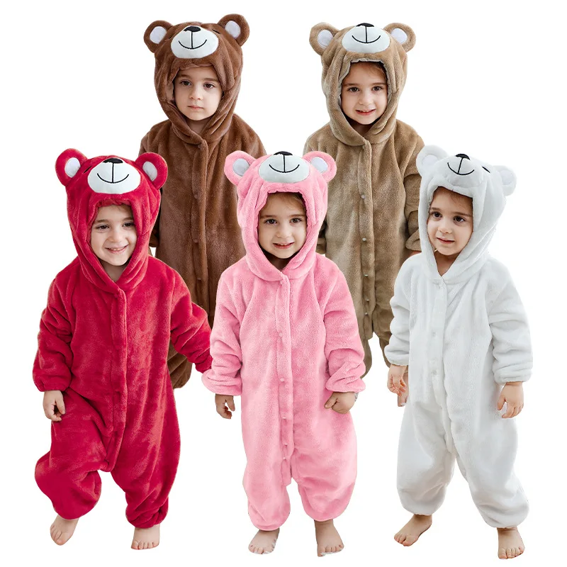 Kinder Kigurumis Bär Tier Cartoon Onesies Baby Flanell Pyjamas Säugling Mit Kapuze Nachtwäsche Overalls Cosplay Kostüm Cartoon onesie Image