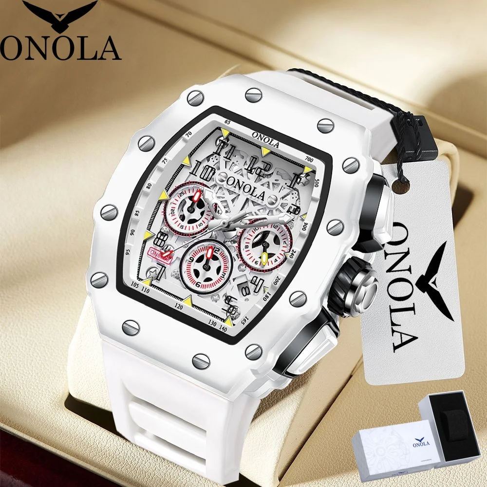 Coffret cadeau montres pour homme ONOLA 6826W tendance montres à Quartz blanc chronographe étanche calendrier bracelet en Silicone montre pour hommes
