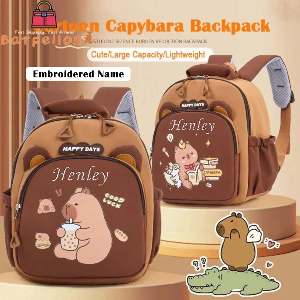 Sac à dos Capybara avec nom brodé personnalisé pour tout-petits, joli sac d'école multicouche léger, parfait pour l'école et le cadeau de jeu