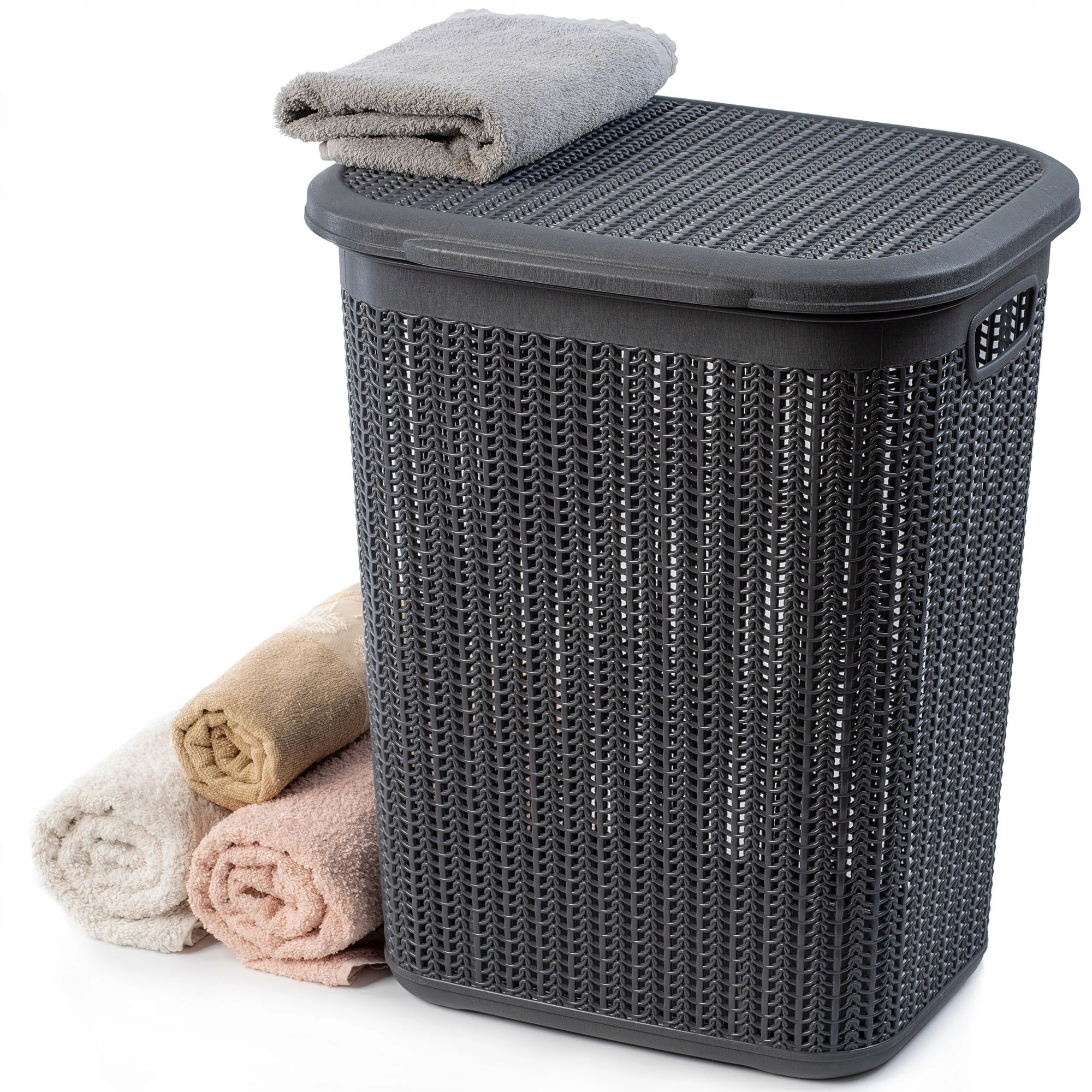 KADAX Wäschekorb, 50 l, Kunststoffbehälter, groß, mit Deckel, dunkelgrau Image