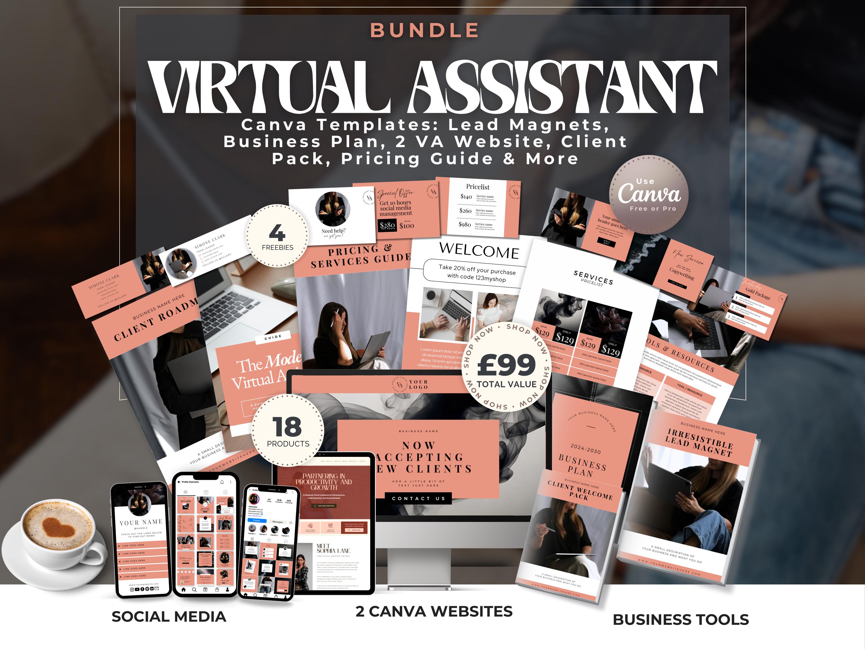 Pacchetto di strumenti aziendali per assistenti virtuali / Modelli Canva: lead magnet, business plan, sito web per assistenti virtuali, pacchetto clie