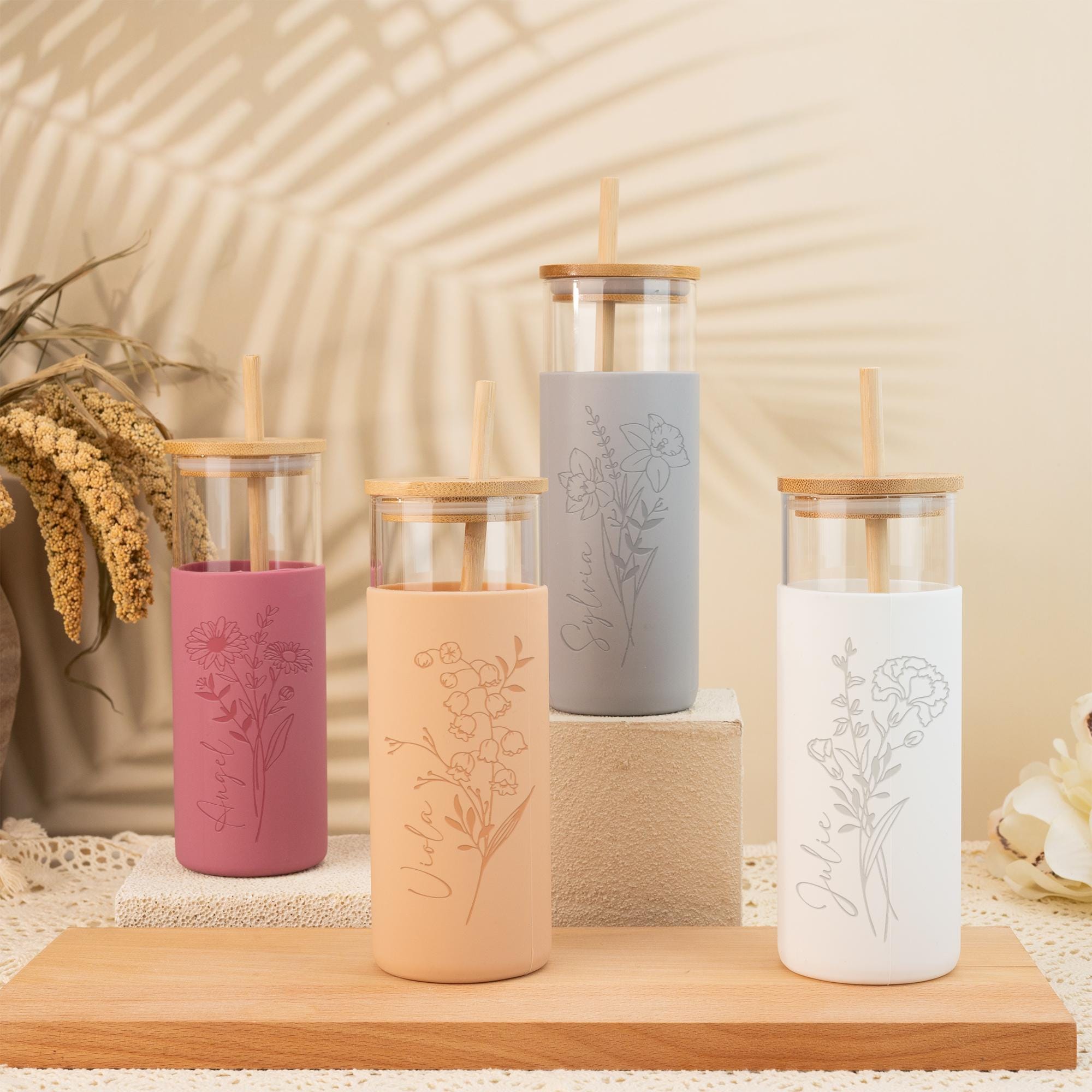 Bicchiere personalizzato con fiori per nascita, bicchiere per caffè freddo inciso con cannuccia, bicchiere in vetro con custodia in silicone, tazza fr