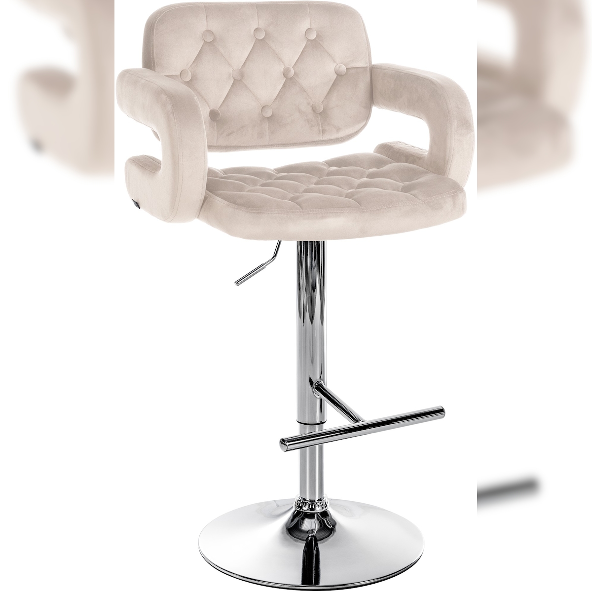 DELUKE Barhocker BURID - Samt Creme 62x55x103 cm Silber | Barstuhl Mit Lehne Tresenhocker Tresenstuhl Kneipenhocker Kneipenstuhl Image