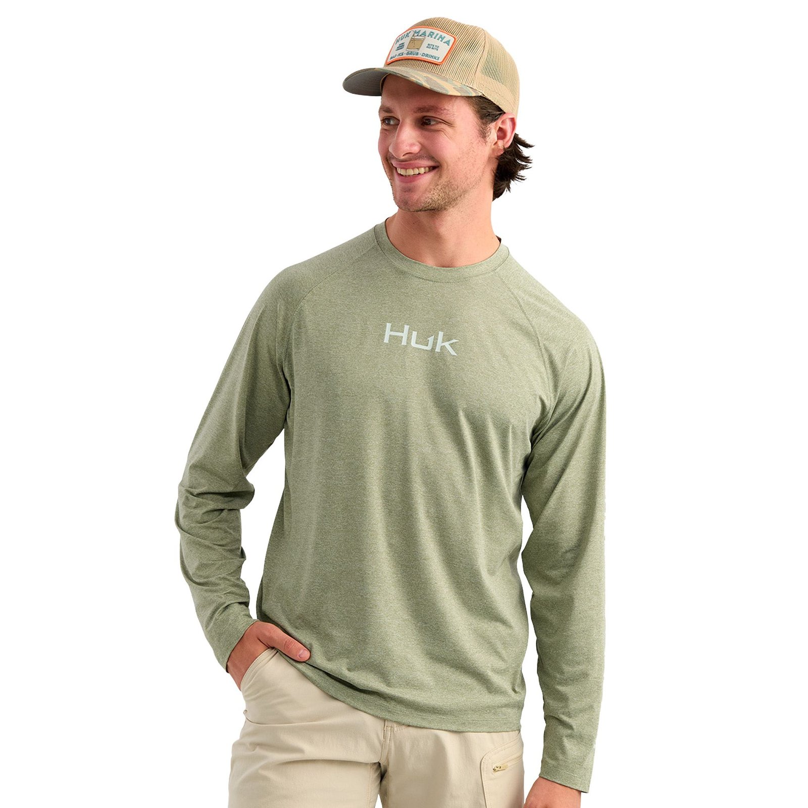 HUK Men's Airweight LS Crew (Size XXXL) Seagrass Heather, Polyester,Spandex