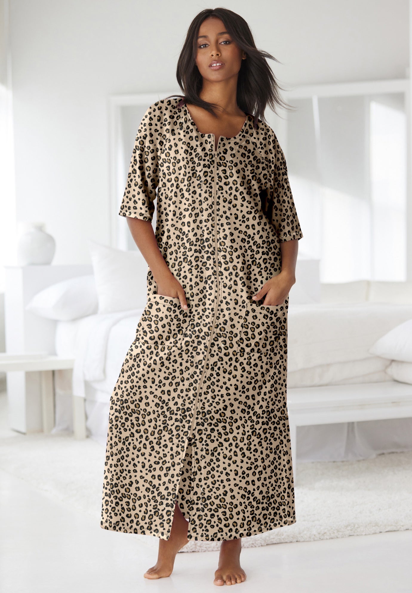 Plus Size Women's Long French Terry Zip-Front Robe by Dreams & Co. in Classic Leopard (Size S)