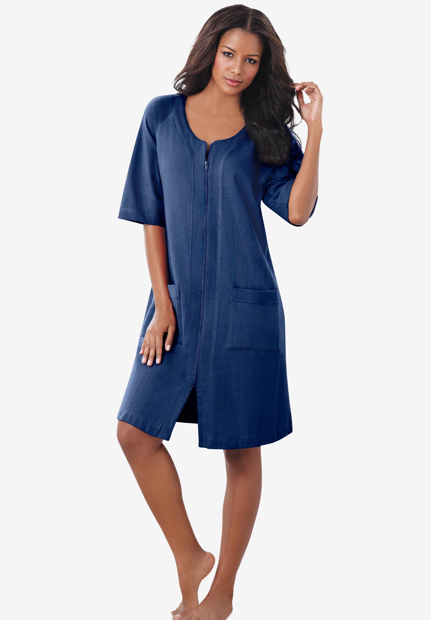 Plus Size Women's Short French Terry Zip-Front Robe by Dreams & Co. in Evening Blue (Size S)