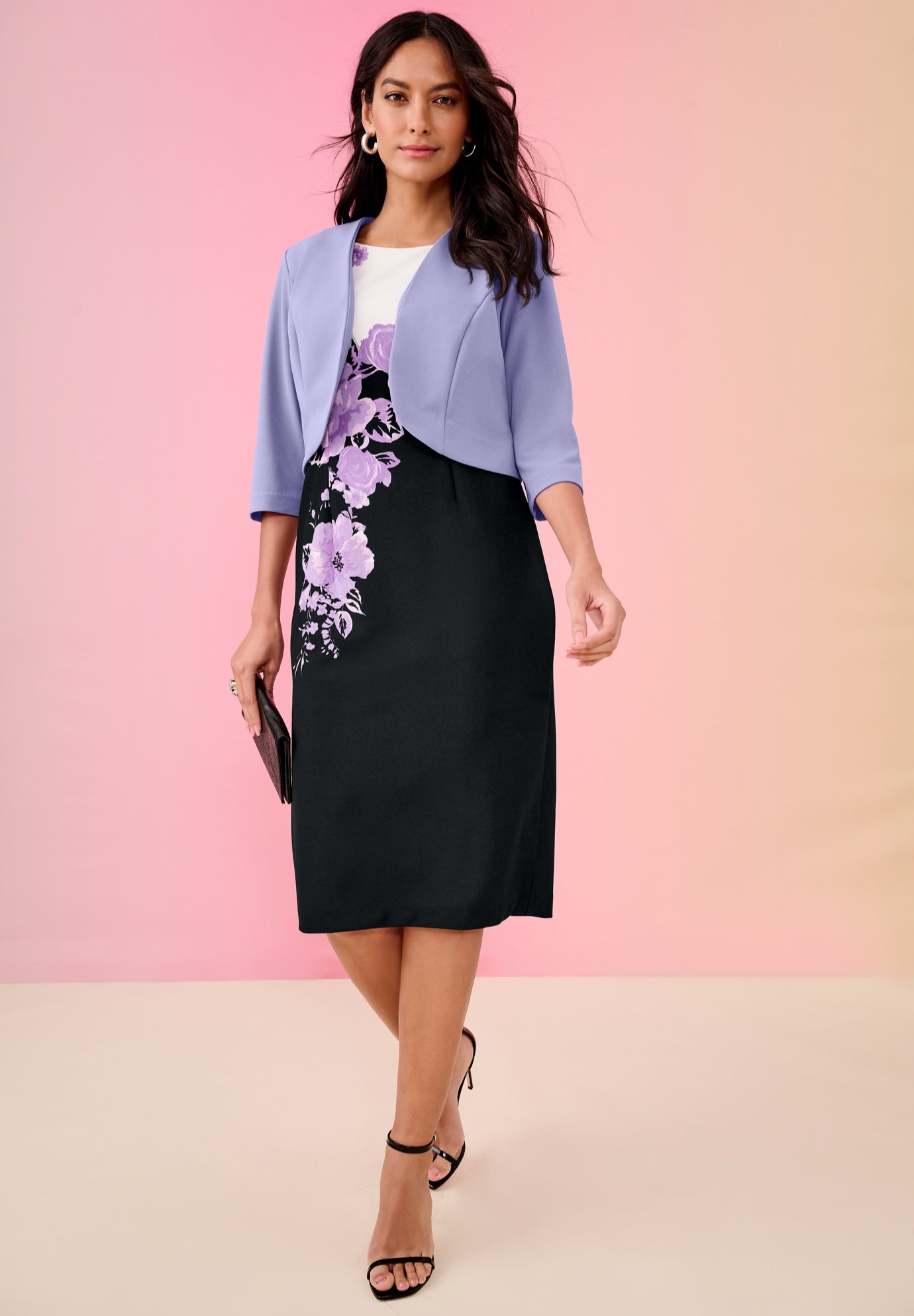 Plus Size Women's Floral Print Jacket Dress by Roamans in Lavender Black (Size 20 W)