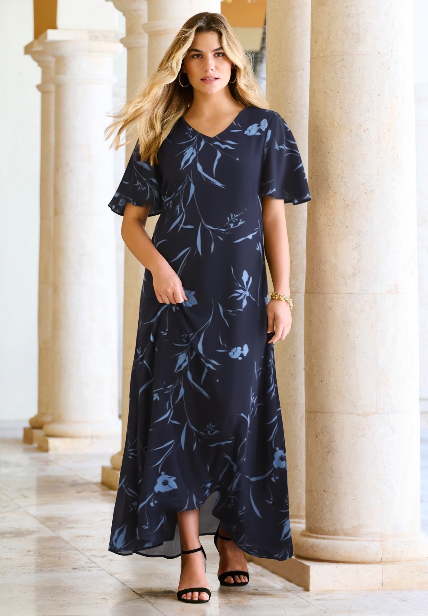 Plus Size Women's Plus Size Hand Crinkled Flutter-Sleeve Maxi Dress by Roaman's in Navy Blue Floral (Size 34/36)