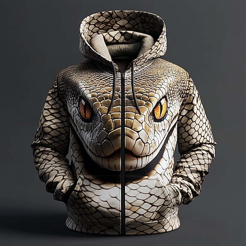 3D-Hoodie mit realistischem Schlangenkopf-Motiv, durchgehendem Reißverschluss, orangefarbenen Augen und Reptilienhautstruktur, Größen S, M, L, XL, XXL, XXXL Image