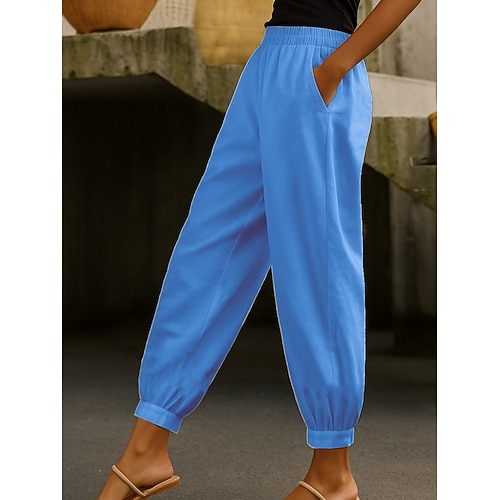Damen Hose aus Baumwollleinen Jogginghose Chinos Urlaub Mode Streetwear Volle Länge Hohe Taille Einfach Tasche Elastischer Bund Bequem Komfort Weich Dehnbar Outdoor Straße Blau Weiß Gelb Rosa Sommer Image