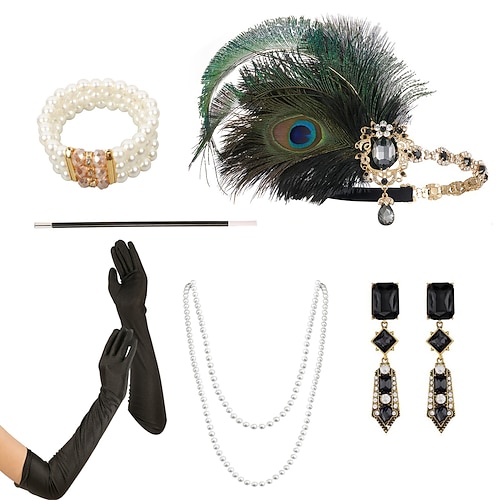 1920er Flapper-Stirnband Der große Gatsby Kragenlos Kostüm Damen Karneval Maskerade Party Maskerade Erwachsene 1 Paar Ohrringe 1 Armband Handschuhe Ganzjahres Image